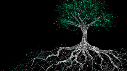 of AI and ecology visualized through neural green roots and glowing data