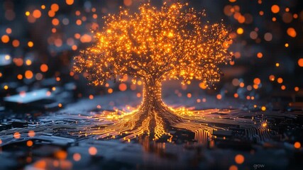 Digital tree made of glowing orange circuitry emerging from computer motherboard, innovation, artificial intelligence, energy and the fusion of nature and technology in futuristic information concept - Powered by Adobe