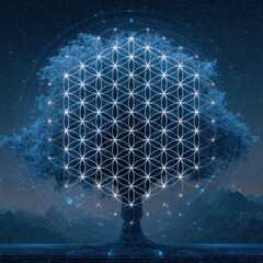 Kabbalah. Digital Display of Alchemy Energy in Futuristic Flower of Life Banner