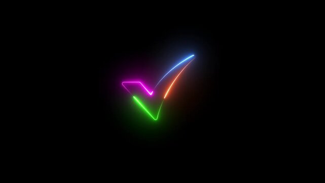 Glowing neon Rainbow color Tick mark icon isolated animation, check mark icon .