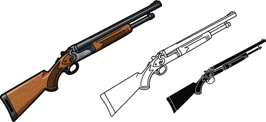 Downloadable vector illustration of shotgun firearm weapon in color outline and silhouette style images