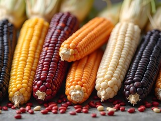 Colorful Ears of Indian Corn with Seeds on Table