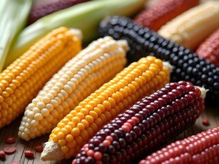 Colorful Ears of Indian Corn with Seeds on Table