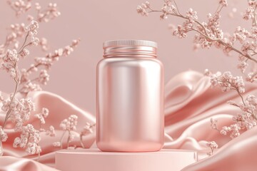 Rose gold jar on a podium with soft pink silk and flowers.