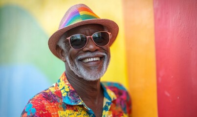 Candid portrait of happy elderly gay Black man wearing a colorful shirt celebrating pride day. Pride summer party celebration concept. Rainbow flag, copy space, Generative AI