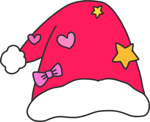 Decorated Santa Hat with Hearts, Star & Ribbon Bow – Playful Holiday Clipart for Stickers & POD
