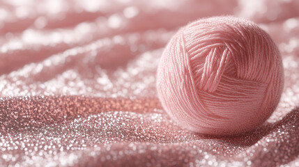 Close Up of glittering pink cotton yarn ball on sequin fabric background, copy space.