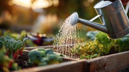 person watering vegetable beds with metal stylized render