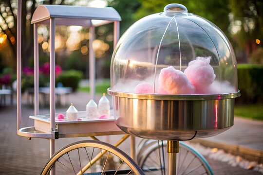 A vintage cotton candy cart promises sweet delights at an outdoor event