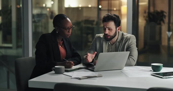 Business, people and laptop in office at night for planning, finance report and accounting research. Staff, team and feedback with pc for financial audit, budget proposal and information for deadline