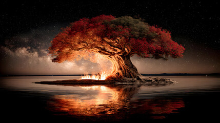 tree floating in space with stars entangled in its glowing branches