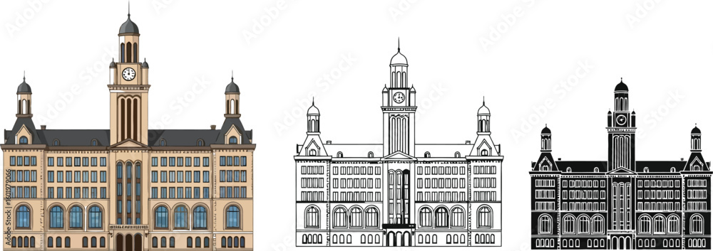 Poster vector building illustration with clock tower and architectural details for graphic design projects
