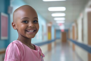 Cancer Survivors Day, bald Black child in a pink princess dress in a hospital corridor. Happy little African American girl recovering from cancer treatment. Healthcare marketing concept, Generative AI