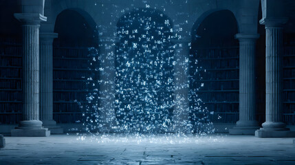 equations floating in the air above an ancient library setting