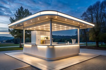 Fototapeta premium A modern illuminated kiosk stands serenely against the twilight sky in a park