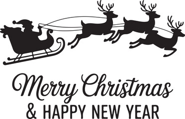 Santa Claus ride sleigh drawn flying reindeer Christmas illustration