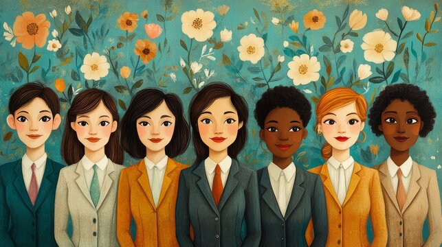 Happy International Women's Day illustration, group of happy diverse women in suits of different races, Generative AI
