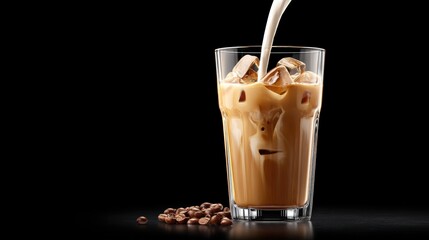 Coffee oat milk. Iced coffee in a glass with ice cubes and coffee beans on a dark background.