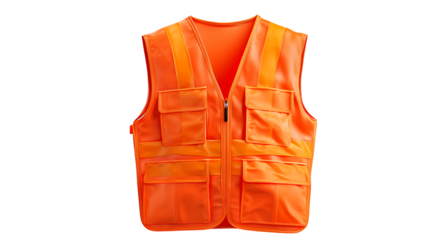 Orange Safety Vest With Multiple Pockets isolated on a transparent background