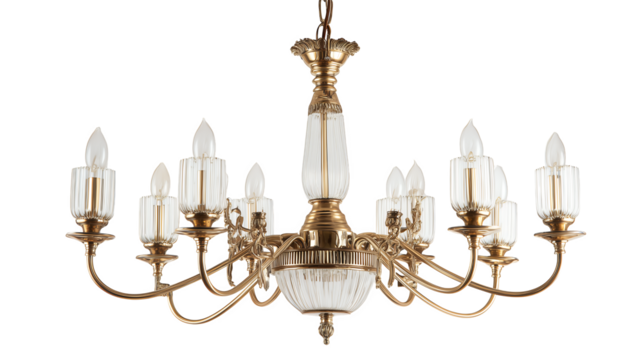 Ornate Brass and Crystal Chandelier with Twelve Lights isolated on a transparent background