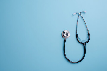 Stethoscope on light blue background, medical equipment symbolizing healthcare, diagnosis, clinical practice, modern medicine, and essential doctor tools concept