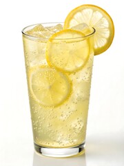Refreshing lemonade with slices of lemon and ice in a tall glass