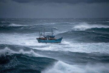 A lone fishing boat battles rough, stormy seas under dark, stormy skies with towering waves and turbulent waters surrounding it.