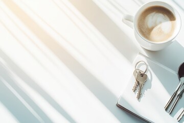 A cup of coffee and house keys on a white surface.