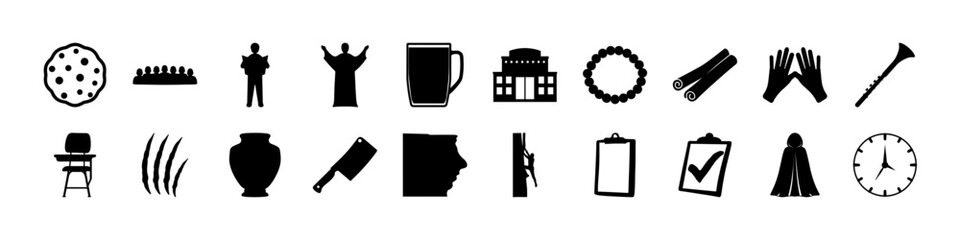 Silhouette Icon Set of Kitchen Tools, Religion, Food, and Daily Objects - A versatile black silhouette icon collection featuring food items, religious figures, household tools, personal items