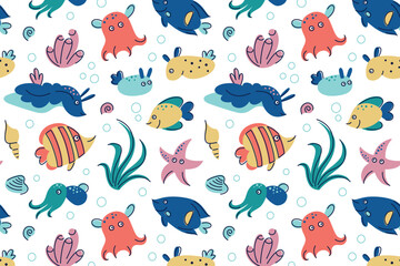 Flat cartoon vector pattern with exotic sea animals and tropical fish. Seamless underwater background with sea dragons, sea bunnies, Dumbo octopus, bobtail squid, corals. Marine life, nature design
