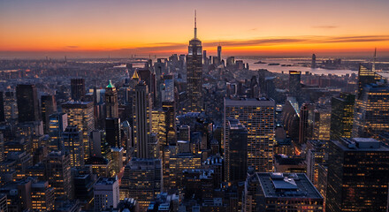 Obraz premium Aerial view of the New York City skyline at dusk, featuring illuminated skyscrapers and a vibrant orange and blue sky.