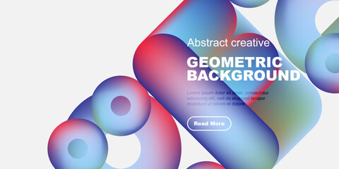 Abstract geometric shapes, vibrant colors, modern design. Text overlay includes geometric background, plus sample text, button. Minimalist aesthetic.