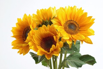 Fototapeta premium Several sunflowers in bloom against a white backdrop