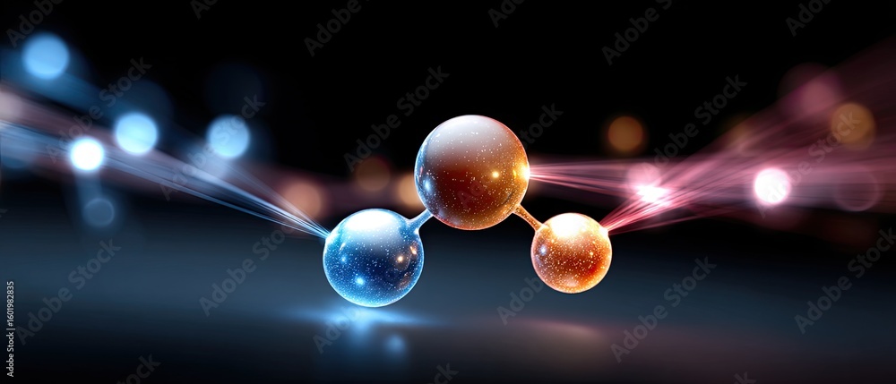 Poster molecule nanoparticle concept. abstract molecular structure with glowing particles on a dark backgro