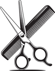Scissors and hairbrush graphic icon. Sign crossed scissors and hairbrush isolated on white background. Barbershop symbols. Vector illustration