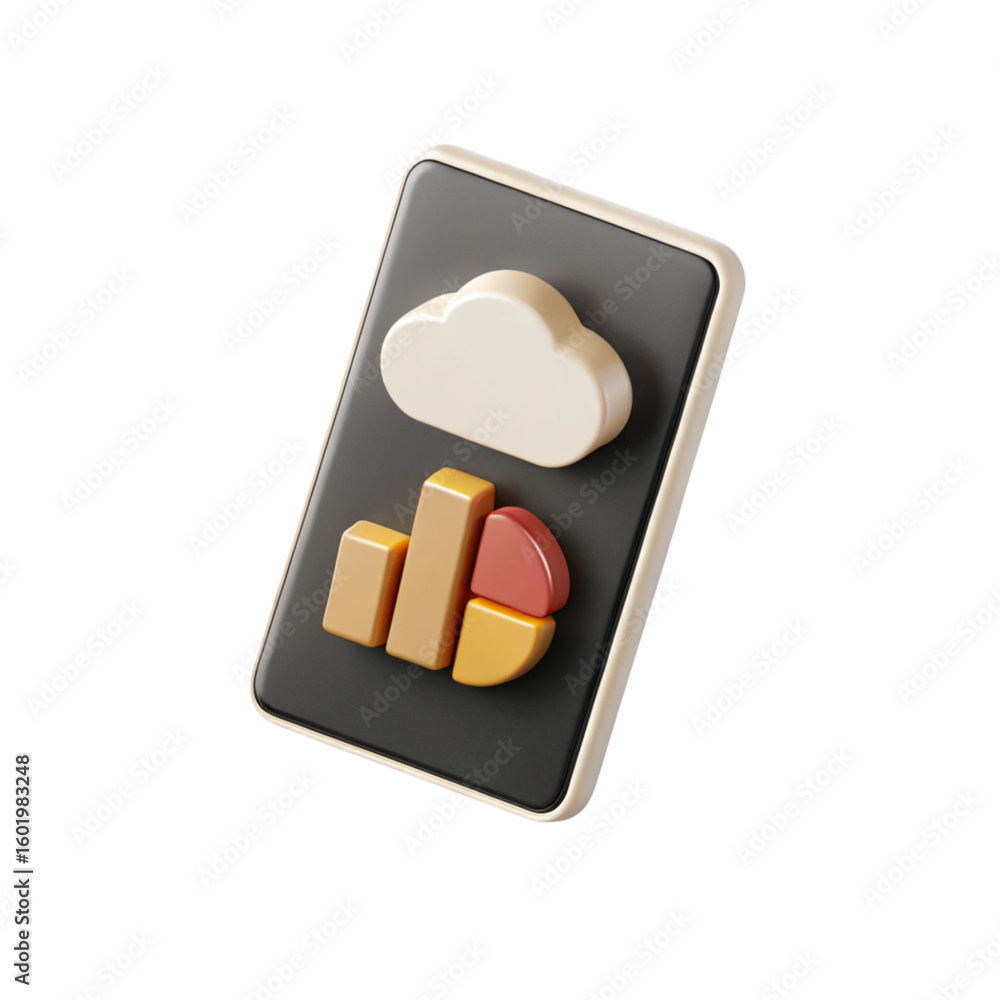 Poster 3d smartphone displaying cloud and financial chart isolated on transparent background