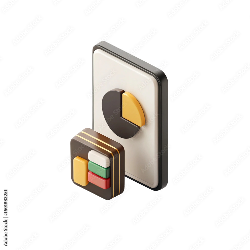 Poster isometric 3d rendering of a smartphone displaying a pie chart and a stack of colorful blocks isolate