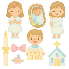 Adorable Cartoon Children Celebrating Baptism with Pastel Colors,clipart, cut out, no background ,PNG die-cut for advertising