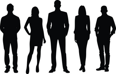 Silhouette of Five People Two Women, Three Men, Standing Together on White Background