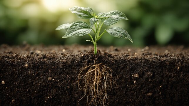 A young plant with visible roots grows in rich soil, symbolizing growth and life beneath the surface.
