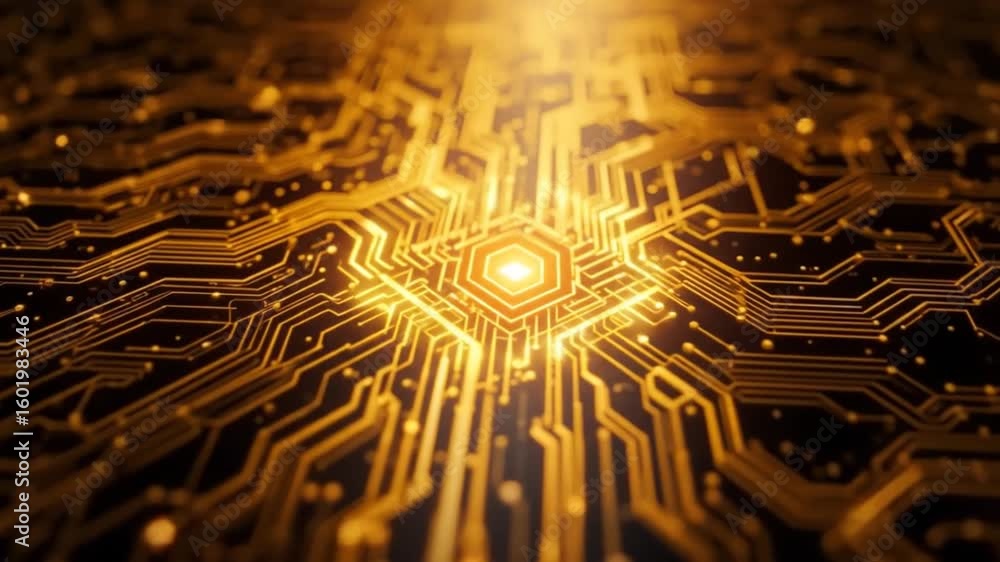 Poster high tech circuit board animation with glowing electronic paths and signals