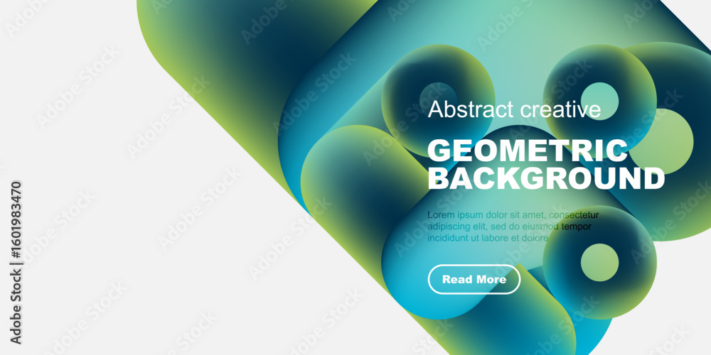 Poster abstract geometric background. fluid shapes overlap, creating vibrant color gradients. text promotes