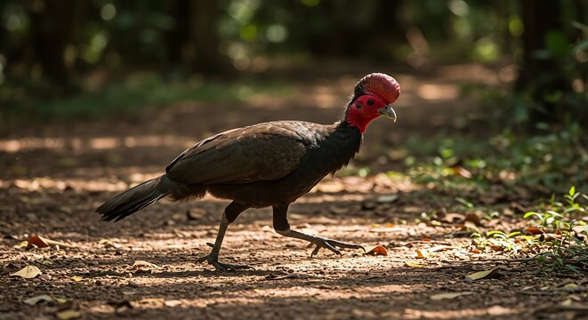 A striking wild junglefowl with a vibrant red head and dark plumage walking on a sunlit dirt path in a tropical forest.