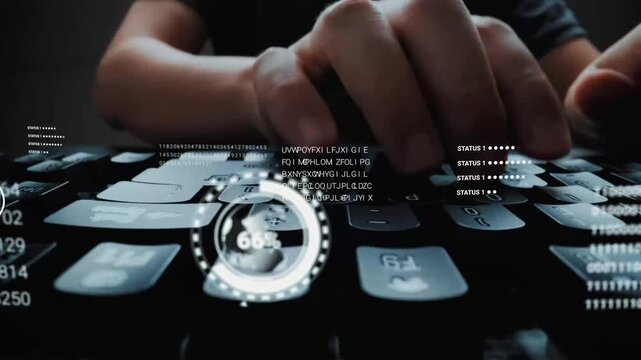 Time lapse of man working on laptop computer keyboard with graphic user interface GUI hologram showing big data science technology, digital network connection and computer programming algorithm. Glean