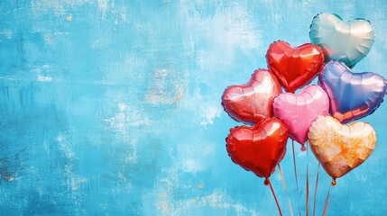 Colorful heart-shaped balloons floating in the clear blue sky, festive and joyful decoration for birthday celebration, party greeting, or cheerful holiday design