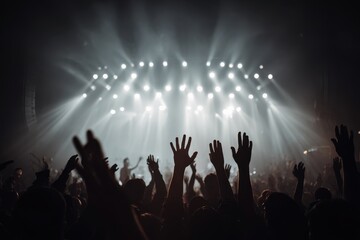 Shadowy figures enjoy a thrilling music show raising their hands