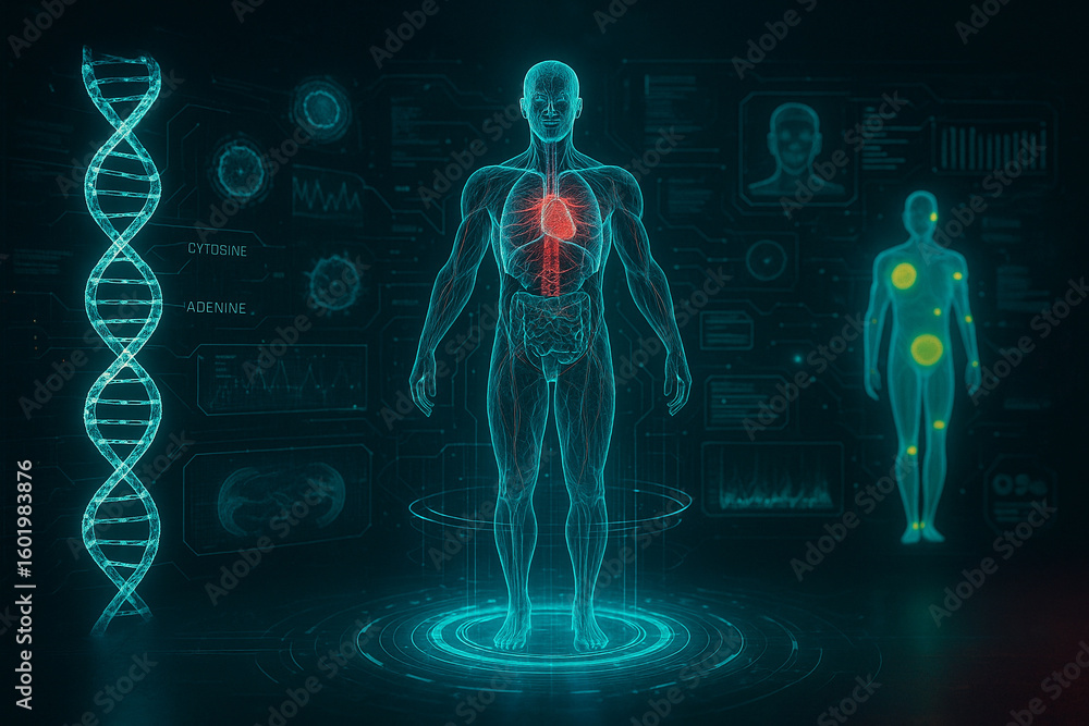 Poster ai generated futuristic holographic scan showing human anatomy with dna analysis biometric data and 