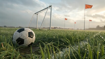 Soccer ball on dewy grass field with goal and flags for sports and recreation photography concept