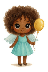 Cute Cartoon Angel Girl with Afro Hair and Gold Balloon,clipart, cut out, no background ,PNG die-cut for advertising