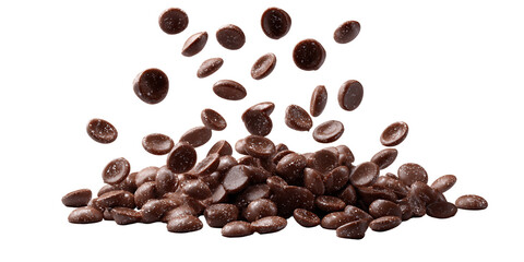 Obraz premium Brown Chocolate Chips Falling on a Pile Against Transparent Background, PNG